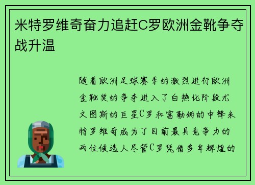米特罗维奇奋力追赶C罗欧洲金靴争夺战升温