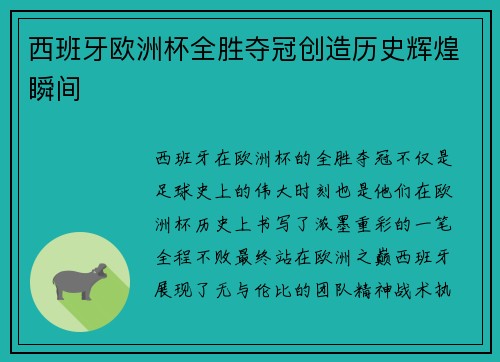 西班牙欧洲杯全胜夺冠创造历史辉煌瞬间